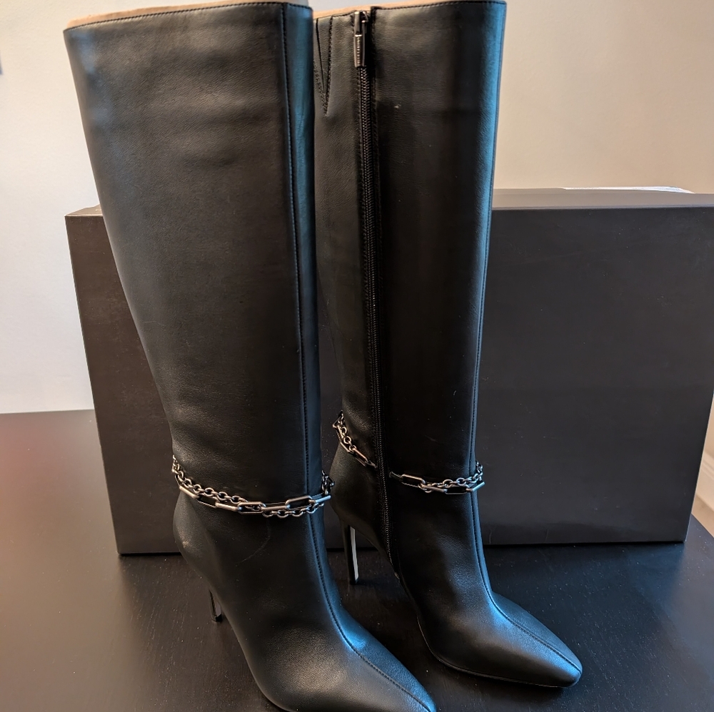 Vince Camuto Black Heeled Boots with Chain Accent